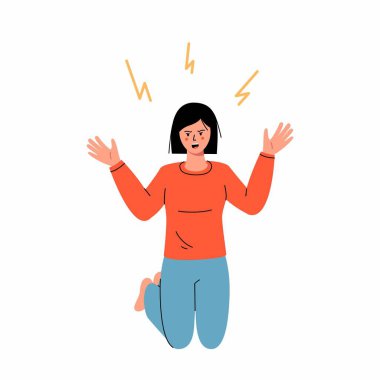 Anger, evil, furious woman concept. Young angry furious female cartoon character standing on knees with fingers out and expressing rage and anger. Mental disorder, illness. Vector illustration