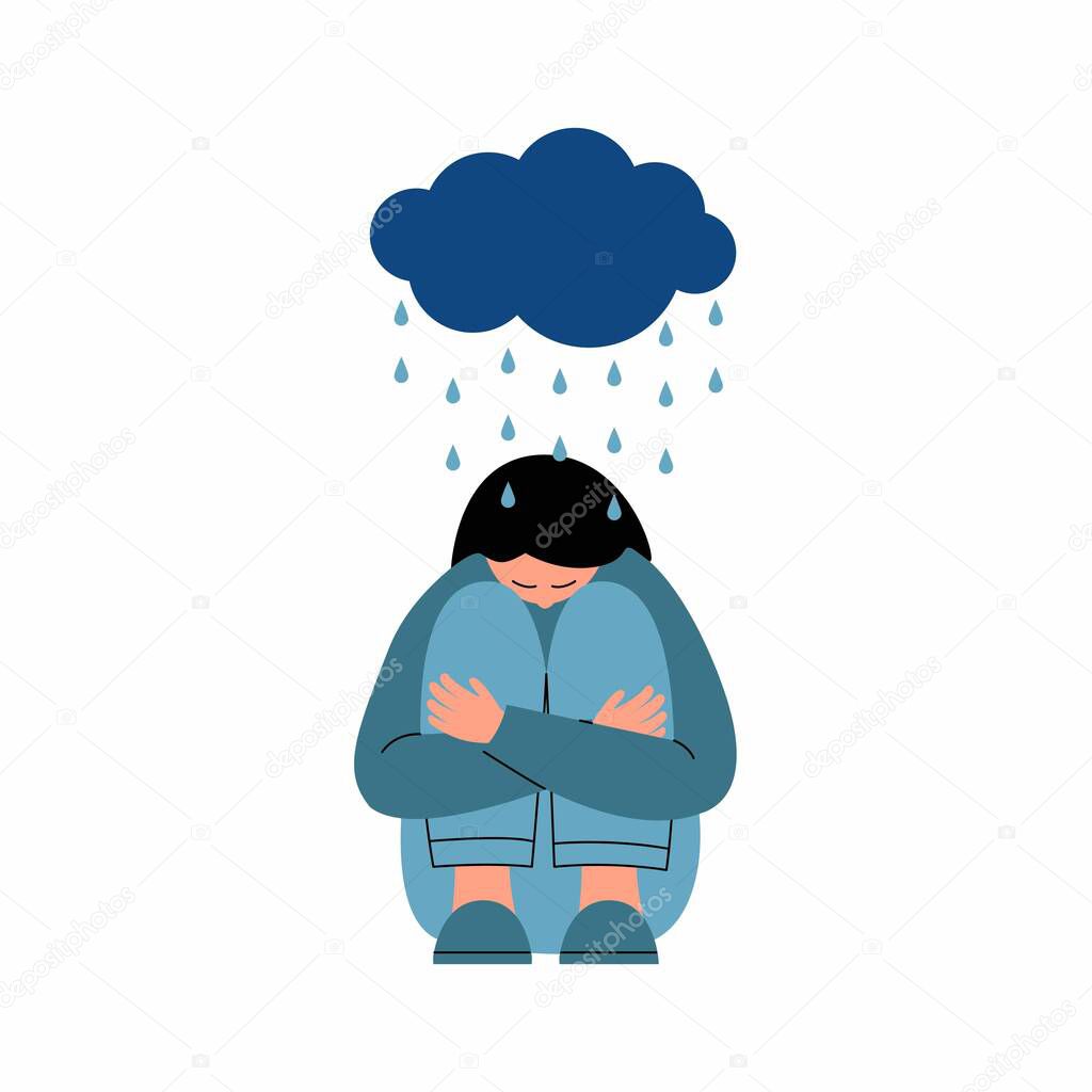 Sad and unhappy teenage girl, young woman sitting under rain, depression concept, flat isolated vector illustration. Depressed, unhappy girl, woman sitting under rain cloud