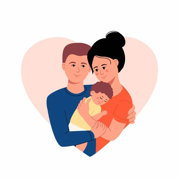Ett Ungt Lyckligt Par Föräldrar Kramar Sina Nyfödda Med Omsorg — Stock vektor