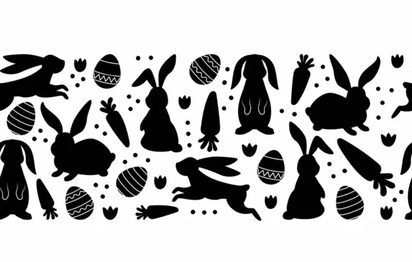 Joyeux Pâques Décorative Longue Silhouette Horizontale Noire Motif Sans Couture — Image vectorielle