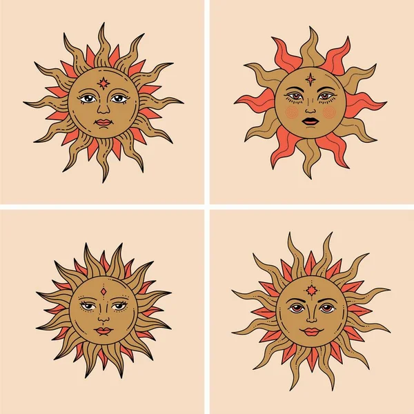 Set Von Boho Mystikern Und Himmlischen Sonnen Mit Gesichtern Vektorfarben — Stockvektor