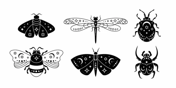 Conjunto Vectorial Insectos Mágicos Celestiales Geométricos Estilo Bohemio Colección Mística — Vector de stock