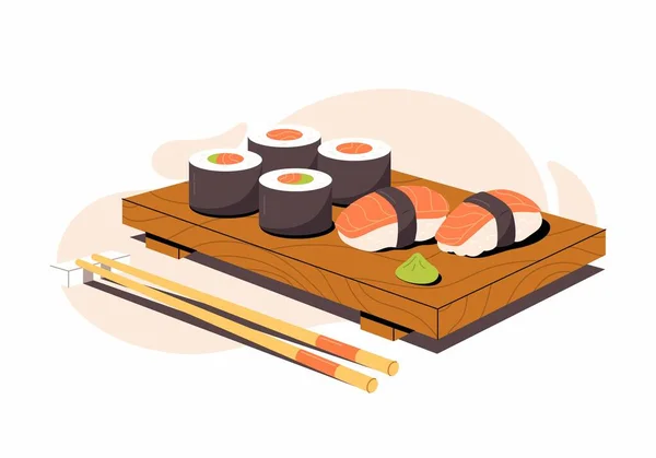 Vector Illustration Sushi Sashimi Asian Food Sushi Wooden Board Sushi — Stock Vector