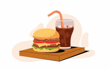 Kola bardakta ve hamburger tahtada, beyaz tahtadan izole edilmiş. Moda vektör illüstrasyonu.