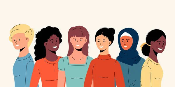 Farklı milletlerden ve kültürlerden altı kadın. Mutlu kızlar birlikte. Uluslararası Kadınlar Günü. Feminist hareket. Kız kardeşlik ve kadın arkadaşlığı. Vektör eğilimli illüstrasyon