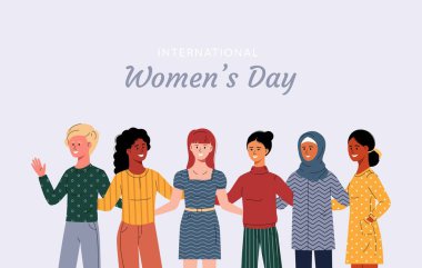 Uluslararası Kadınlar Günü kartı. Farklı milletlerden ve kültürlerden altı kadın birbirine sarılıyor. Mutlu kızlar arkadaştır, kadın dayanışması. Feminist hareket. Kız kardeşlik ve kadın arkadaşlığı