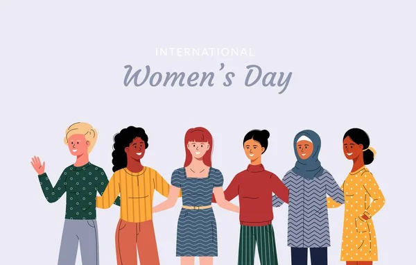 International Women Day Card Six Women Different Nationalities Cultures Hugging — Stock Vector