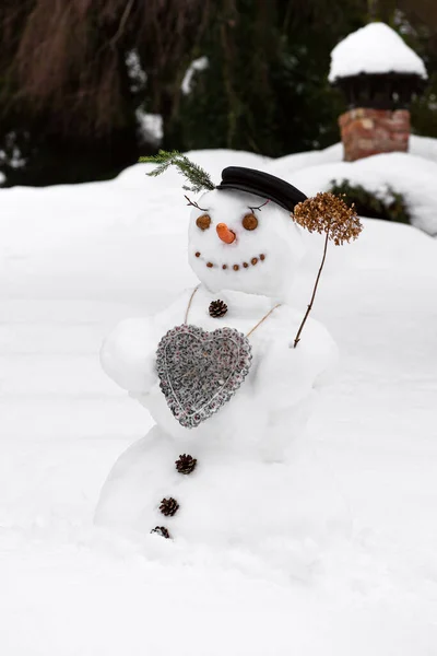 Cute Smiling Snowman Homemade Heart Shaped Suet Cake Wild Birds — Stock Photo, Image