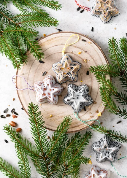 Top View Homemade Birdseed Christmas Muffin Cakes Star Shapes Wooden — Stock Photo, Image