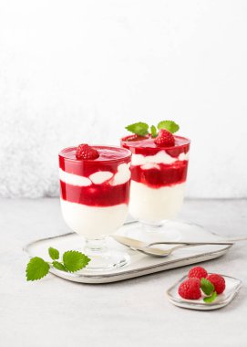 Ev yapımı ahududu soslu tatlı ve taze böğürtlen ve limon merhemi yapraklı sütle süslenmiş tereyağlı krema. Ev yapımı sağlıklı gıda konsepti. Boşluğu kopyala