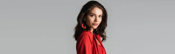 Young Trendy Woman Red Suit Earrings Isolated Grey Banner — Stock Photo, Image