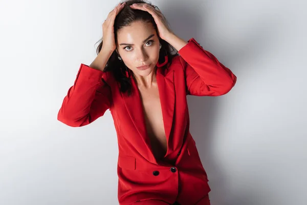 Top View Trendy Woman Red Suit Posing Grey — Stock Photo, Image