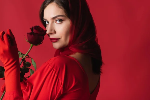 Mujer Joven Vestido Pañuelo Cabeza Sosteniendo Rosa Aislado Rojo —  Fotos de Stock