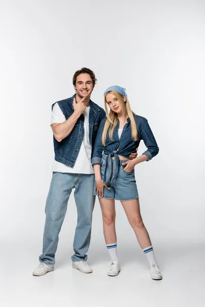Full Length View Young Couple Denim Clothing Sneakers Posing White — Stock Photo, Image