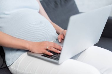 Evdeki bulanık laptopta yazan hamile kadın görüntüsü.