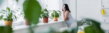 Genç hamile kadın akıllı telefonda konuşuyor pencere kenarındaki saksıların yanında ve bulanık ön planda bitkiler, afiş