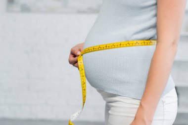partial view of pregnant woman estimating size of belly with measuring tape clipart