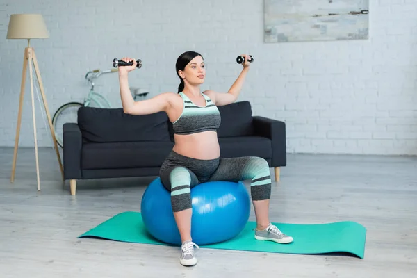 Pregnant Woman Sportswear Working Out Dumbbells While Sitting Fitness Ball — Stock Photo, Image