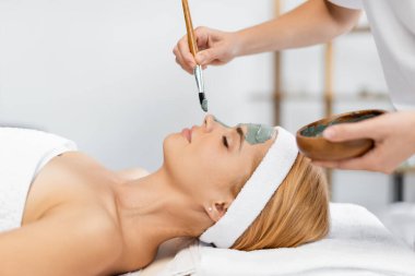 side view of beautician holding bowl and applying clay mask on face of woman in spa center clipart