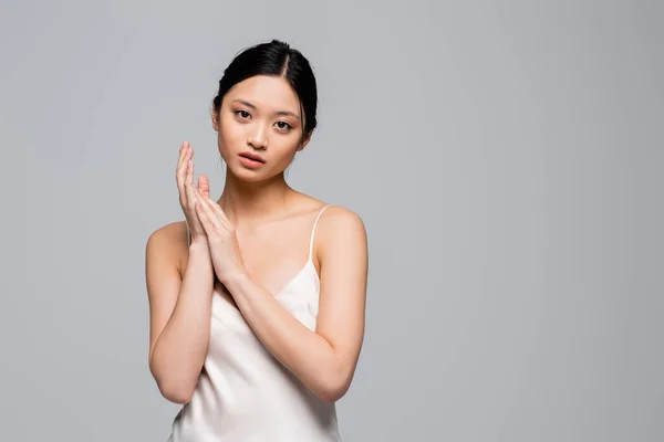 Young Asian Woman Satin Dress Looking Camera Isolated Grey — Stock Photo, Image