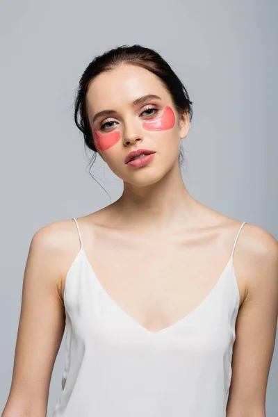 Young Woman Satin Dress Eye Patches Isolated Grey — Stock Photo, Image