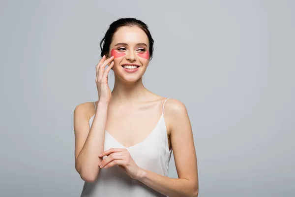 Pretty Woman Eye Patches Standing Isolated Grey — Stock Photo, Image