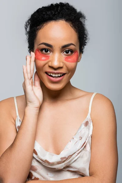 Happy African American Woman Eye Patches Looking Camera Isolated Grey — Stock Photo, Image