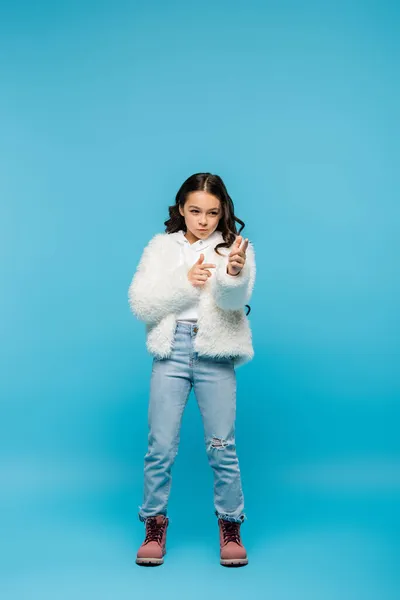 Full Length Preteen Girl Faux Fur Jacket Winter Boots Showing — Stock Photo, Image