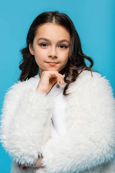 Preteen Girl White Faux Fur Jacket Looking Camera Isolated Blue — Stock Photo, Image