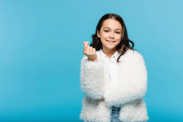 Happy Preteen Girl White Faux Fur Jacket Looking Camera Showing — Stock Photo, Image