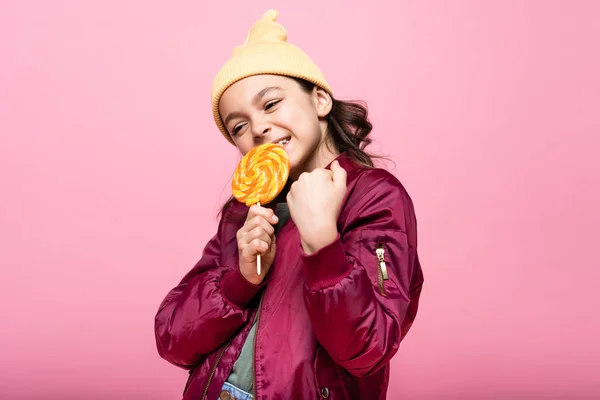 Stylish Preteen Girl Winter Outfit Holding Lollipop Smiling Isolated Pink — Stock Photo, Image