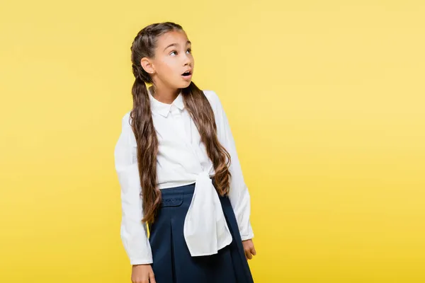 Astonished Pupil Shirt Looking Away Isolated Yellow — Stock Photo, Image