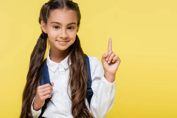 Smiling Pupil Backpack Having Idea Isolated Yellow — Stock Photo, Image