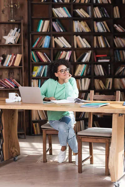 Pensive African American Student Eyeglasses Studying Online Laptop — Stock Photo, Image