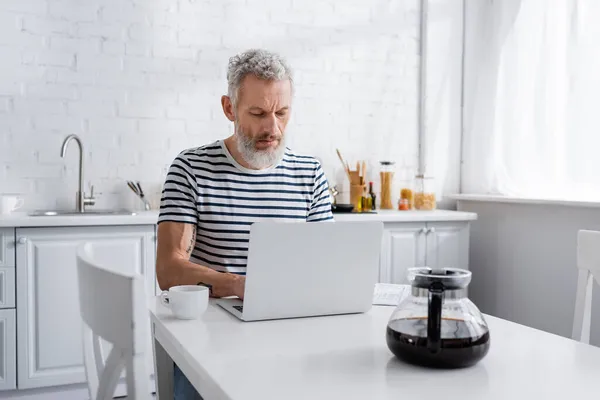 Mature Man Striped Shirt Using Laptop Coffee Kitchen — Stock Photo, Image