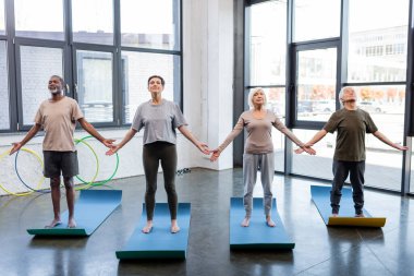 Yogada ayakta duran çok ırklı yaşlılar spor salonunda poz veriyorlar. 