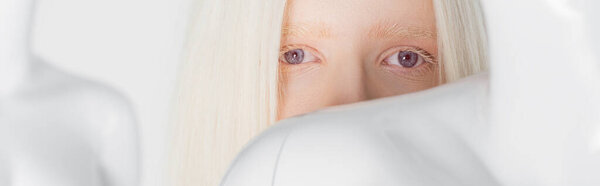 Blonde and albino woman looking at camera near mannequin isolated on white, banner 