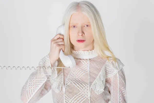 Blonde Albino Woman Talking Telephone Isolated White — Stock Photo, Image