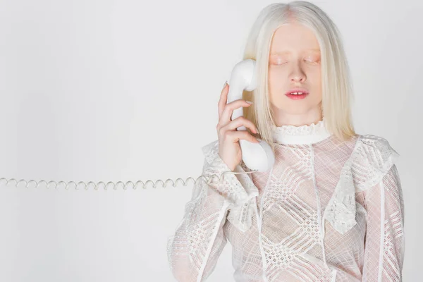 Albino Woman Closed Eyes Talking Telephone Isolated White — Stock Photo, Image