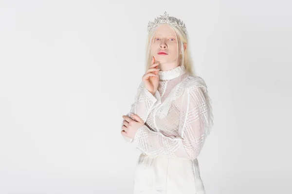 Stylish Albino Woman Crown Looking Camera While Posing Isolated White — Stock Photo, Image