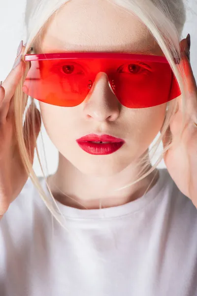 Portrait Albino Woman Red Sunglasses Lips Looking Camera Isolated White — Stock Photo, Image