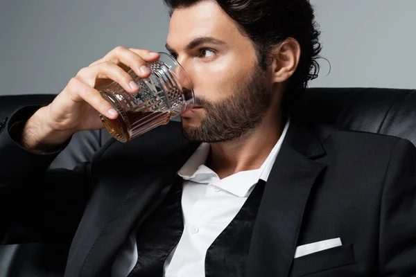 Bearded Man Wavy Hair Drinking Whiskey Isolated Grey — Stock Photo, Image