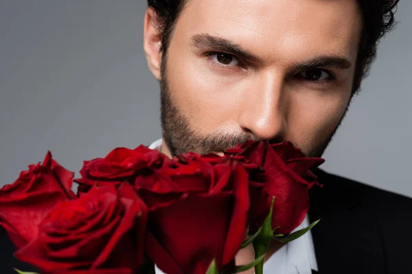 灰色に隔離された赤いバラを持つ髭の男のクローズアップ — ストック写真