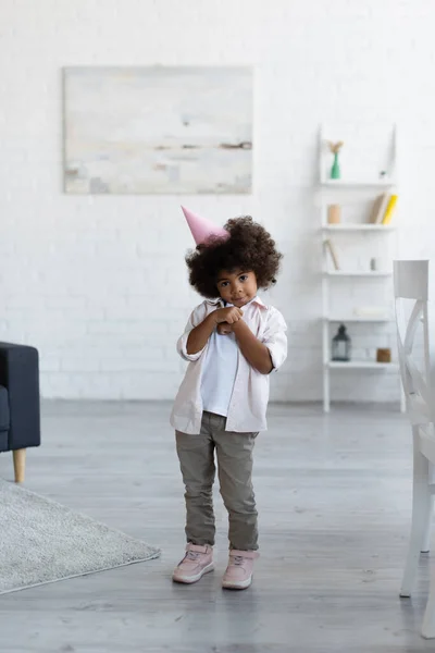 Full Length View Shy African American Girl Party Cap Looking — Stock Photo, Image