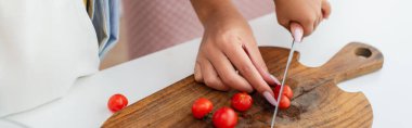 Cropped view of african american woman and kid cutting cherry tomatoes in kitchen, banner  clipart