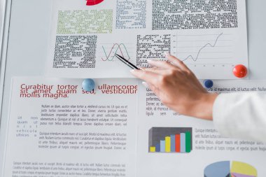 cropped view of businesswoman pointing at graphs on flip chart near lettering Translation: 