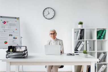 businesswoman with grey hair sitting at desk with laptop  clipart