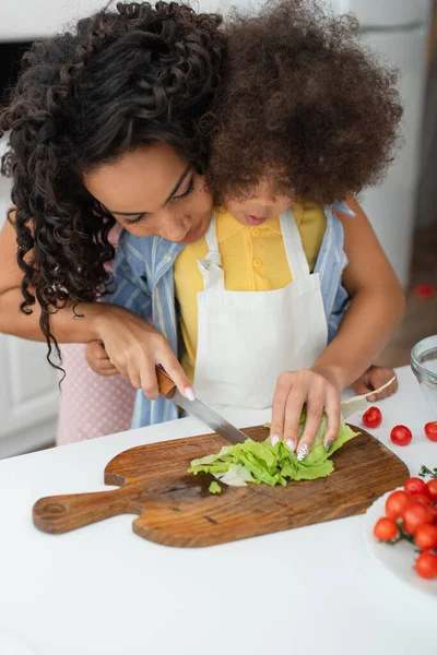 African American Woman Cutting Lettuce Kid Apron Kitchen — Stock Photo, Image