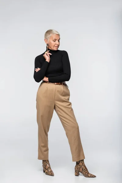 Full Length Pleased Elegant Senior Woman Beige Pants Black Turtleneck — Stock Photo, Image