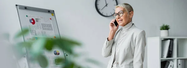 Sonriente Mujer Negocios Senior Hablando Por Teléfono Celular Pancarta — Foto de Stock